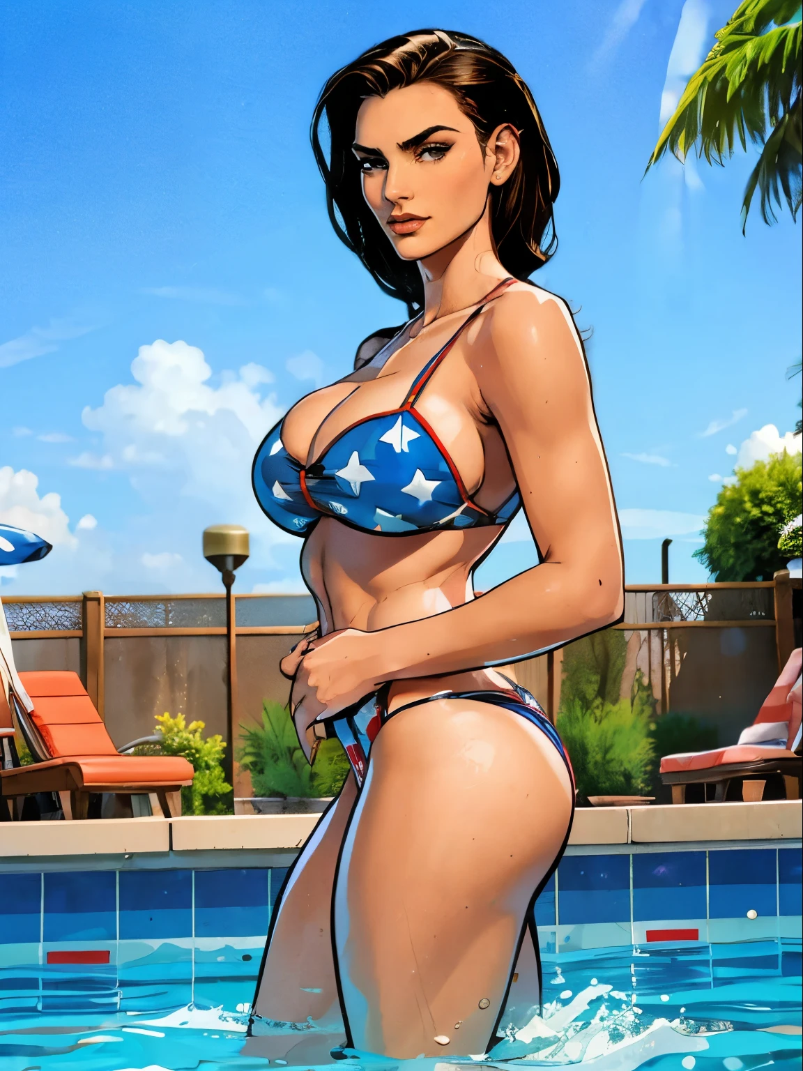 Gorgeous and sultry busty athletic (thin) brunette (smirking) with sharp facial features and a ((long), slicked-back hair) and (huge , long legs) wearing a star-spangled American flag print bikini, Americana, swimming pool.