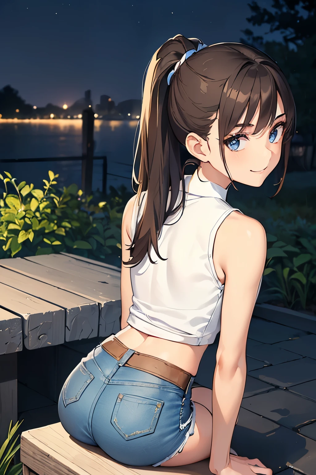 ((best quality)), ((masterpiece)), ((detailed)), (((perfect face))), (((slender 18yo age girl))), (((((tight sleeveless white shirt))))), ((((skin-tight shirt)))), (((midriff))), (((bare arms))), (((bare shoulders))), ((((cut off denim shorts)))), ((dark brown hair)), ((short ponytail)), (((blue eyes))), ((smiling)), (((sitting on seat))), ((((suburban backyard, night time)))), ((((detailed background)))), (((slender thighs))), (((looking back over shoulder))), (((view from behind)))