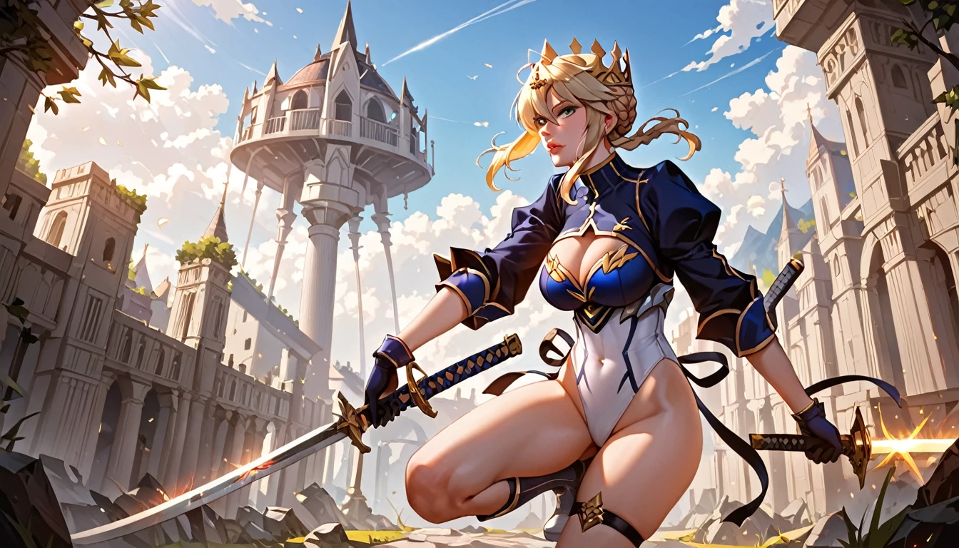 score_9, score_8_up, score_7_up, score_6_up, uncensored, artoria pendragon (lancer) (fate), blonde hair, braid, tiara, lips, BREAK (masterpiece:1.2), best quality, high resolution,(detailed eyes:1.3), perfect lighting, (perfect hands, perfect anatomy), large breasts, white thong leotard, battle_stance, one_leg_raised, holding katana, glow effects, godrays, Hand drawn, Vivid colors, extremely detailed CG unity 8k wallpaper, trending on CGSociety, Intricate, High Detail, dramatic, hollow eyes, drone,