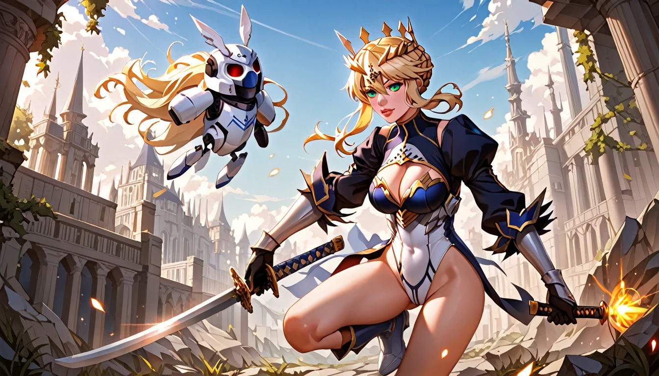 score_9, score_8_up, score_7_up, score_6_up, uncensored, artoria pendragon (lancer) (fate), blonde hair, braid, tiara, lips, BREAK (masterpiece:1.2), best quality, high resolution,(detailed eyes:1.3), perfect lighting, (perfect hands, perfect anatomy), large breasts, white thong leotard, battle_stance, one_leg_raised, holding katana, glow effects, godrays, Hand drawn, Vivid colors, extremely detailed CG unity 8k wallpaper, trending on CGSociety, Intricate, High Detail, dramatic, hollow eyes, drone,