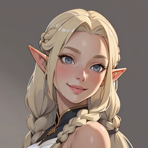 (masterpiece), (best quality),(portrait),(bust up),1girl,solo,(sharp focus),(look at viewer),selfie,smile,elf,blonde hair,long braid,(elf girl) ,gray eyes, (ancient girl:1), ancient luxurious long clothes,old school fantasy art,((simple background)),super shiny skin,Ultra Glossy Skin,from front