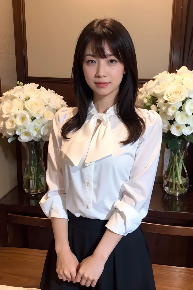 Medium Size Display, Medium Shot, Written boundary depth, bust, Upper Body, Movie angle, masterpiece, Highest quality, Very detailed, CG, 8k wallpaper, Beautiful Face, Delicate eyes, Otome, alone, smile, bangs, skirt, Formal blouse, Bouquet of lilies