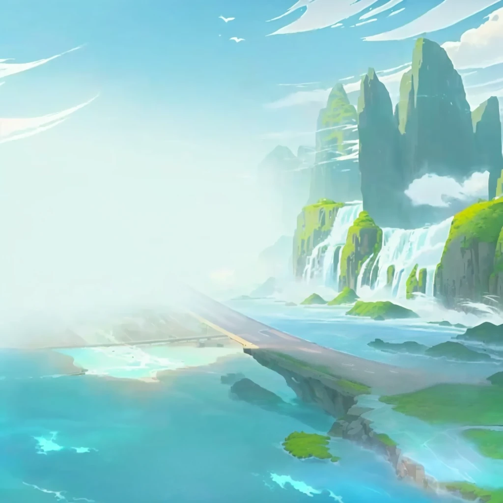 there is a cartoon picture of a river with a waterfall, background art, island background, background artwork, epic background, breezy background, magnificent background, cool background, random background scene, ethereal background, mobile game background, the background is misty, game background, anime background, lake background, videogame background, arena background, anime background art, background image, gorgeous background