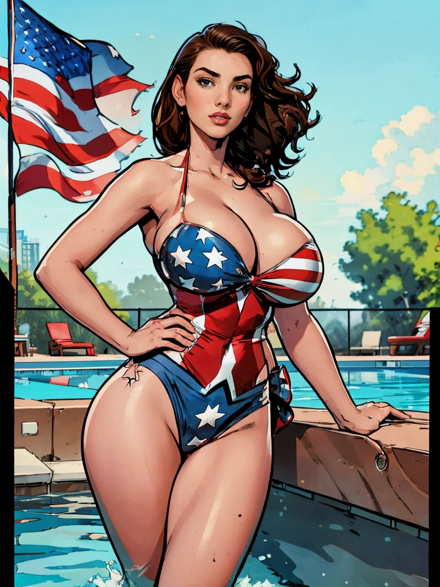 Gorgeous and sultry busty athletic (thin) brunette (cheering, waving an American Flag) with sharp facial features and a ((long), slicked-back hair) and (huge , long legs) wearing a star-spangled American flag print bikini, Americana, swimming pool.