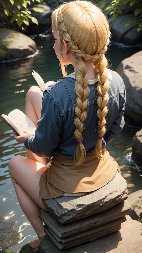 Blonde with braided hair and back sitting on a rock reading a book