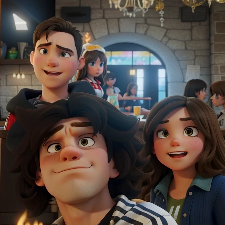 An angry white boy and two brunette girls at a party, very friendly