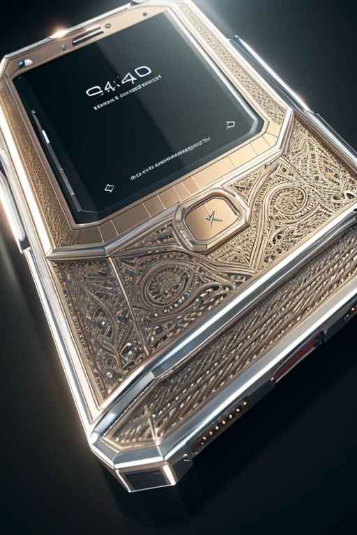 a giant luxury cellphone, highly detailed, hyper realistic, 8K, 3D model, photorealistic, perfectly lit, studio lighting, intricate details, glossy surface, metallic finish, elegant design, expensive looking, premium materials, glass screen, chrome accents, angular form, futuristic aesthetic, cinematic angles, dramatic lighting, reflective textures, clean composition, high-end technology