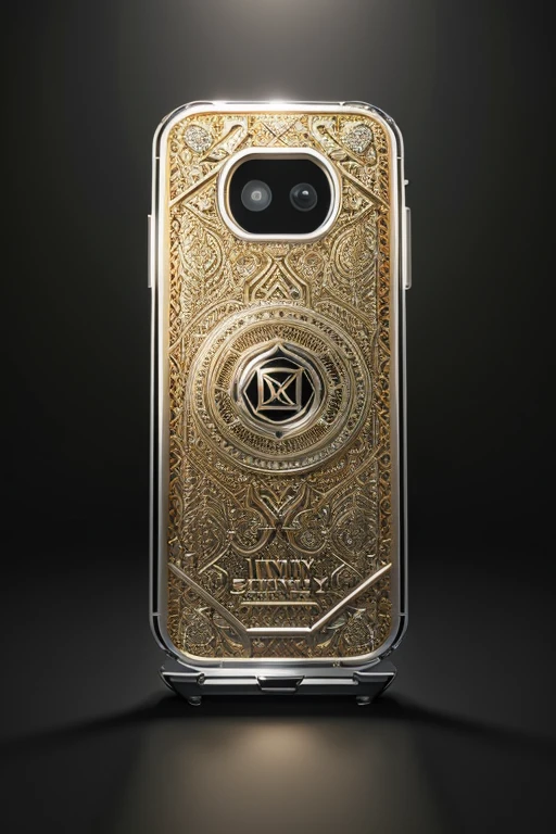 a giant luxury cellphone, highly detailed, hyper realistic, 8K, 3D model, photorealistic, perfectly lit, studio lighting, intricate details, glossy surface, metallic finish, elegant design, expensive looking, premium materials, glass screen, chrome accents, angular form, futuristic aesthetic, cinematic angles, dramatic lighting, reflective textures, clean composition, high-end technology
