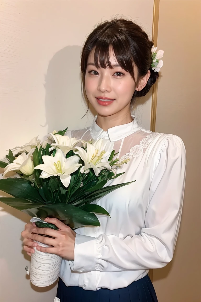 Medium Size Display, Medium Shot, Written boundary depth, bust, Upper Body, Movie angle, masterpiece, Highest quality, Very detailed, CG, 8k wallpaper, Beautiful Face, Delicate eyes, Otome, alone, smile, bangs, skirt, Formal blouse, Bouquet of lilies