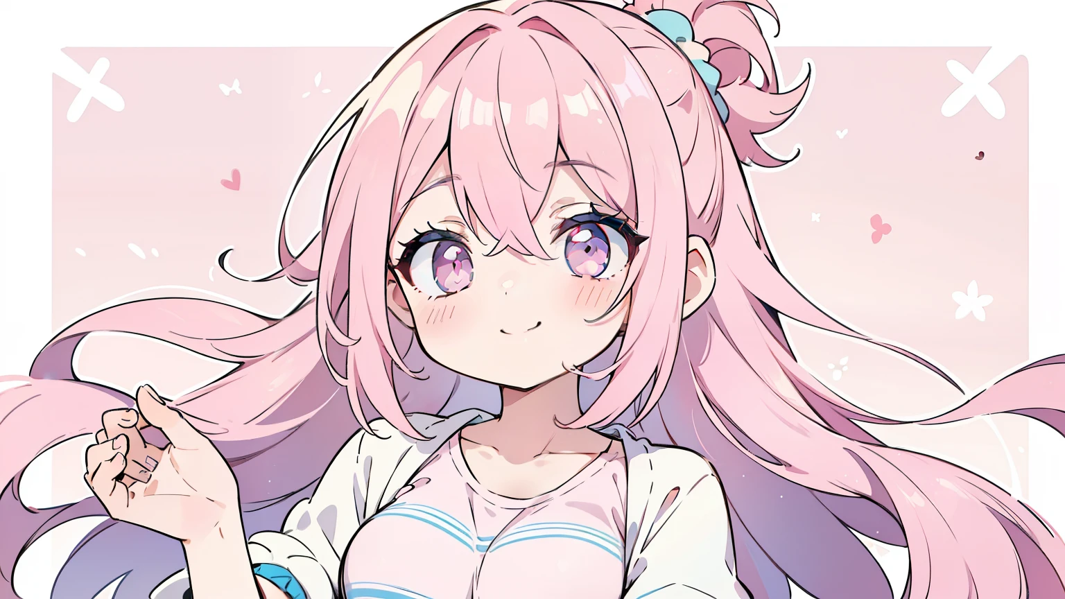 masterpiece, beautiful detailed, (casual clothes), pastel color, pink Eyes, pink hair, layered hair, 1girl, smile, medium breasts, hair scrunchie, (((bold outline))), limited palette
