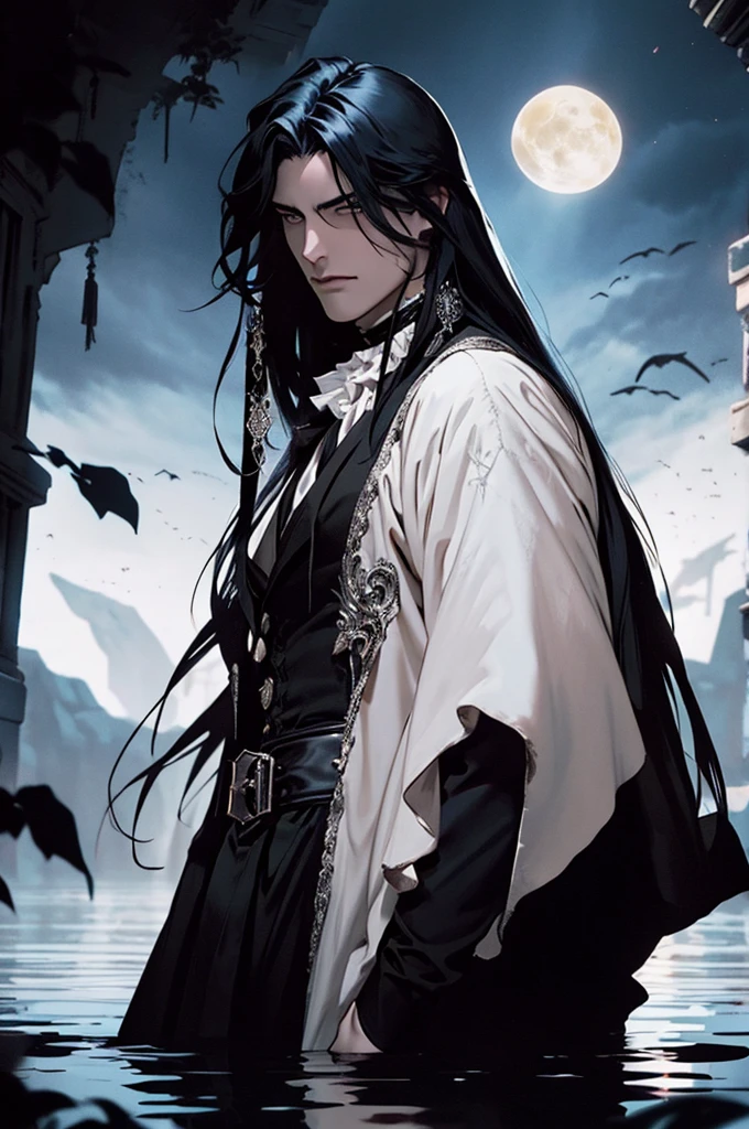 a vampire His physical features should be similar to those of Alucard from Castlevania: Symphony of the Night. It should have an elegant and mysterious appearance, with long silver hair, piercing eyes and sharp facial features. Wear dark and gothic style clothes. Your presence must be imposing and noble, reflecting his aristocratic origin and supernatural power, emerging from a lake with the full moon in the background