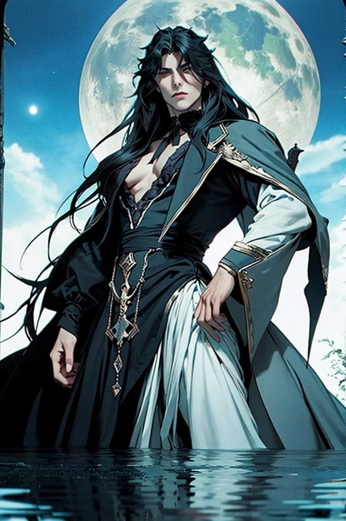 a vampire His physical features should be similar to those of Alucard from Castlevania: Symphony of the Night. It should have an elegant and mysterious appearance, with long silver hair, piercing eyes and sharp facial features. Wear dark and gothic style clothes. Your presence must be imposing and noble, reflecting his aristocratic origin and supernatural power, emerging from a lake with the full moon in the background
