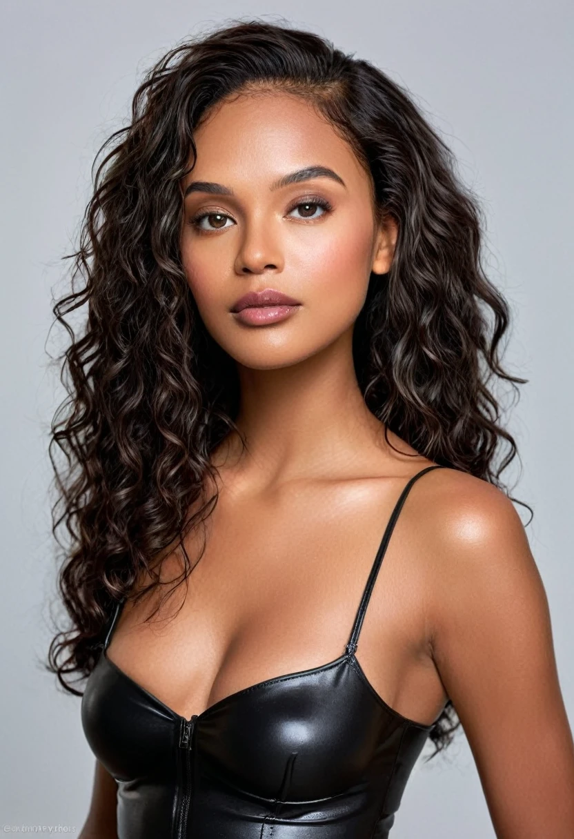 Woman in a low-cut black latex dress, posing for a photo in the studio, full body photo A beautiful woman, Latin face, supermodel, stunning beauty, Brazilian and Angolan descent, the most beautiful woman in the world, jaw-dropping beauty, young adult aged 30. She has an exotic beauty, a tall woman, a black woman, mixing African and indigenous features, a unique mixture of indigenous, African and European ebony, her beauty is unique, undeniable, a beautiful young black woman with dark skin. His hair is black, like darkness and dense as the night, curly black hair, voluminous and shiny, long curly black hair. His eyes are green and expressive, beautiful eyes, realistic eyes, detailed eyes, ultra-realistic, symmetrical, hyper-realistic, (eyeliner, long eyelashes), intense and penetrating look, seductive, mysterious and charming look, look of magnetism, attraction and fascination. * Eyebrows: Perfect eyebrows that arch gracefully above the eyes and are thick. * the nose is small and proportional to the face and the soft contour of the face that accentuates the high cheekbones. *Mouth: Attractive and irresistible mouth, well-defined lips, full lips, voluminous lips, seductive lips, captivating, striking, unforgettable, mischievous, sexy, your features are captivating, seductive expression, a seductive smile is enigmatic *Face shape: O the face is oval, with high cheekbones and a well-defined chin, a beautiful and detailed face. *Makeup: Makeup is subtle, but highlights natural features. Skin tone: Olive skin, healthy and even glow, with olive skin, dark skin, sexy girl with olive skin, detailed skin texture, beautiful and glowing skin, intricate details, smooth skin, healthy and radiant appearance. *body: attractive and slim woman, medium bust, athletic, thin waist, wide hips, big butt, thick thighs, shapely legs. A woman posing for a full-length, sexy and dynamic photo. Tight black outfit, black bodycon dress, short black dress, sexy black dress.