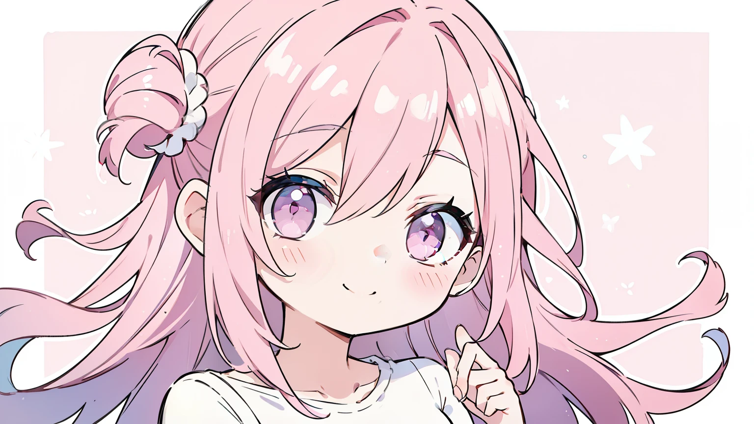 masterpiece, beautiful detailed, (casual clothes), pastel color, pink Eyes, pink hair, layered hair, 1girl, smile, medium breasts, hair scrunchie, (((bold outline))), limited palette
