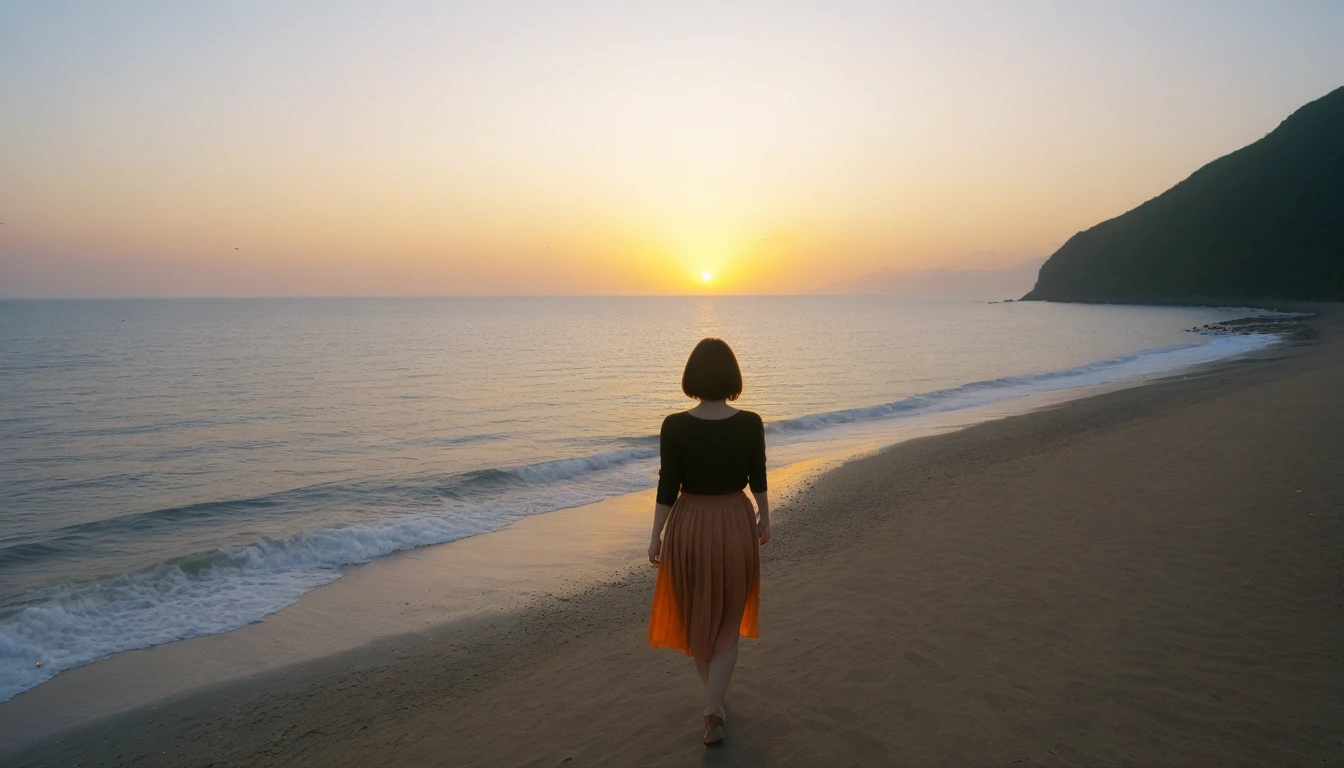 K Realistic, living photos, Realistic appearance of nature, , Woman looking at the sea at sunset. Walking in the distance with a wide angle lens , Back view of an Asian woman wearing a light skirt, burning sunset light, Short hair