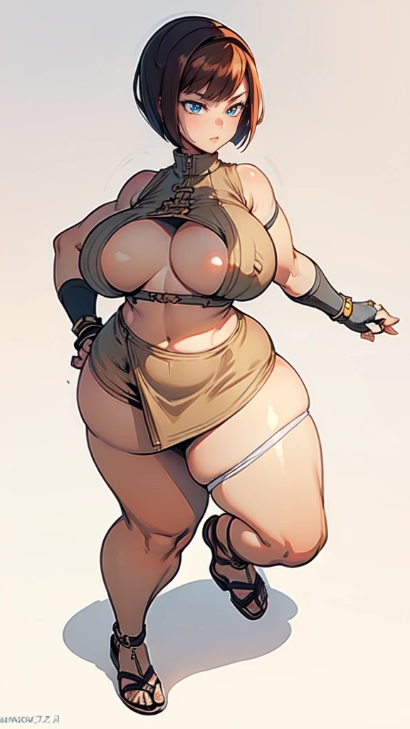 (masterpiece), best quality, female warrior, huge girl, female muscular:1.2, ((very short hair:1.6)), ginger hair, big breast, (curvy:1.8), (((blank background))), ((full body)), fingerless gloves, sandals, sleeveless, covered nipples, (underboobs:1.3), tshirt top, shaved hair, (buzzcut hairstyle), white socks