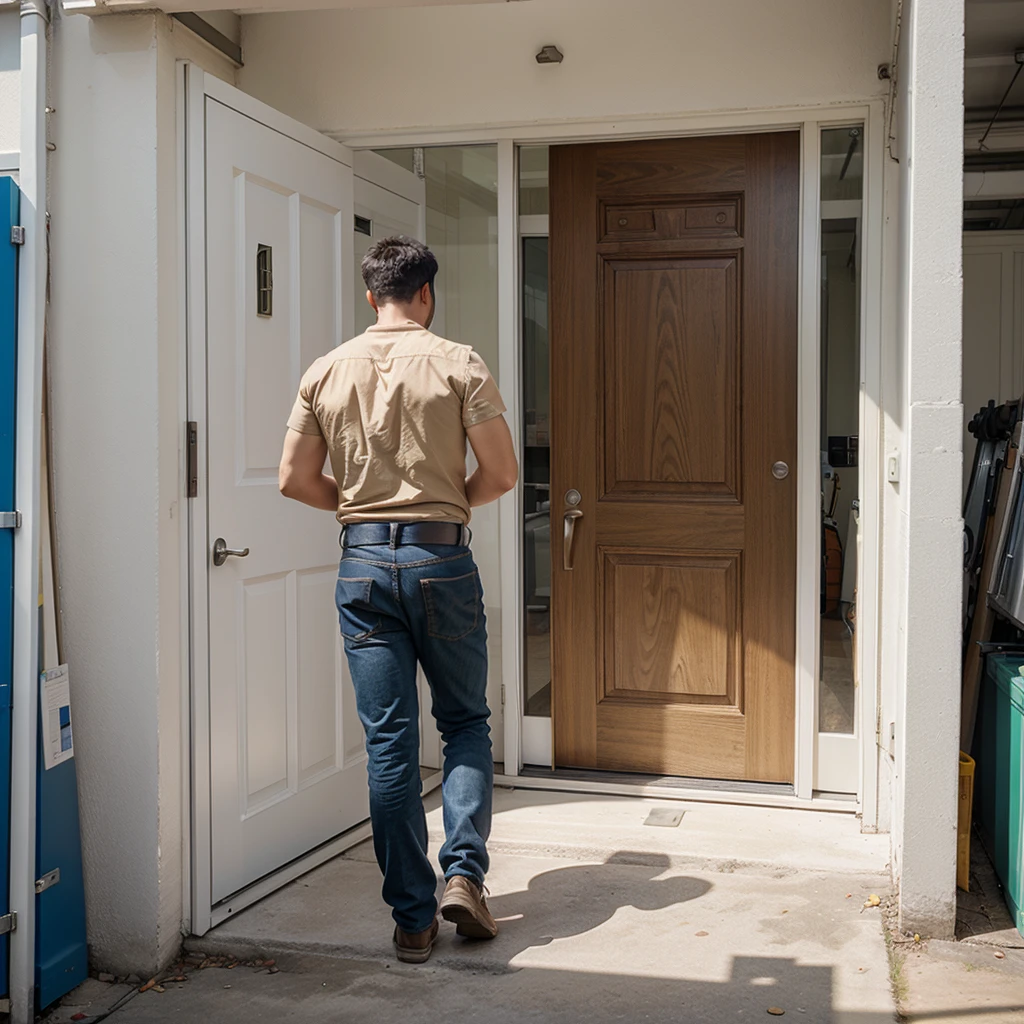 Engineer with his back turned , taking door measurements in a hardware store 