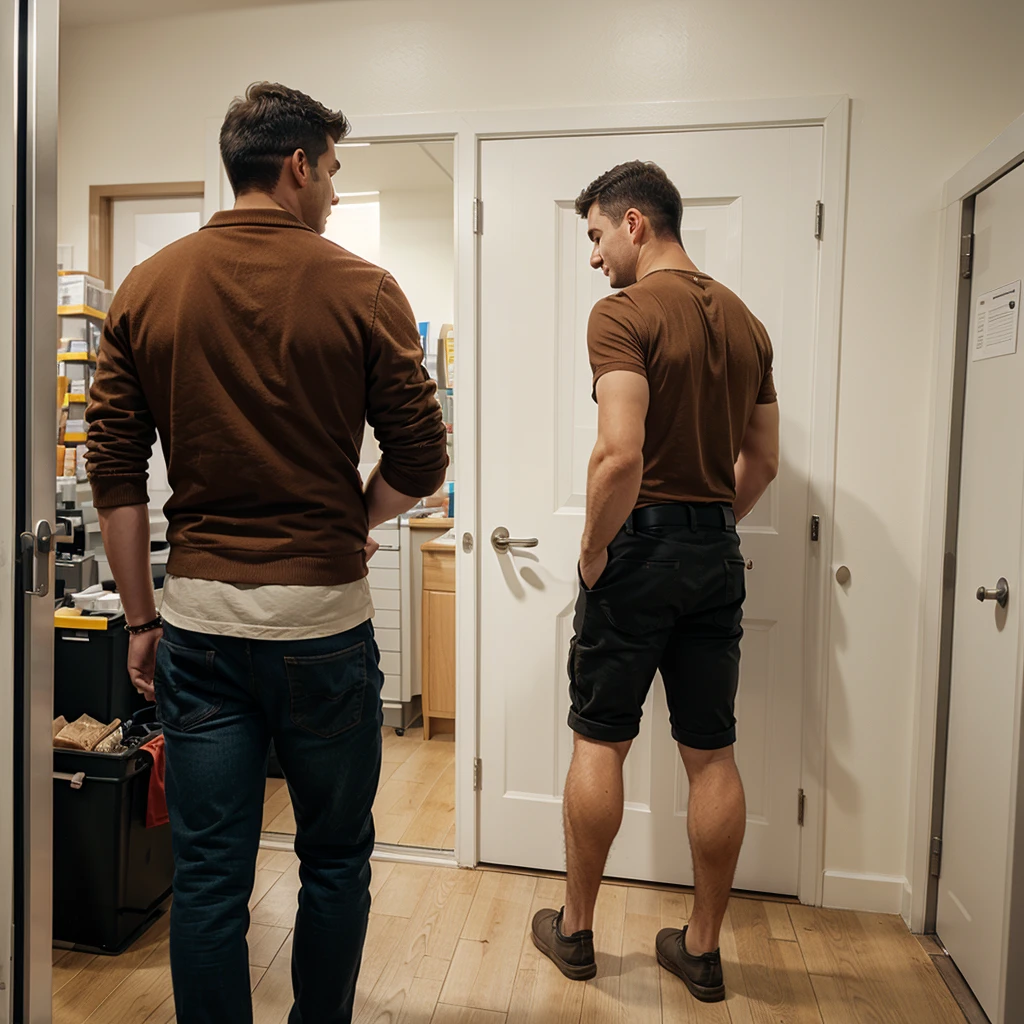 Engineer with his back turned , taking door measurements in a hardware store
