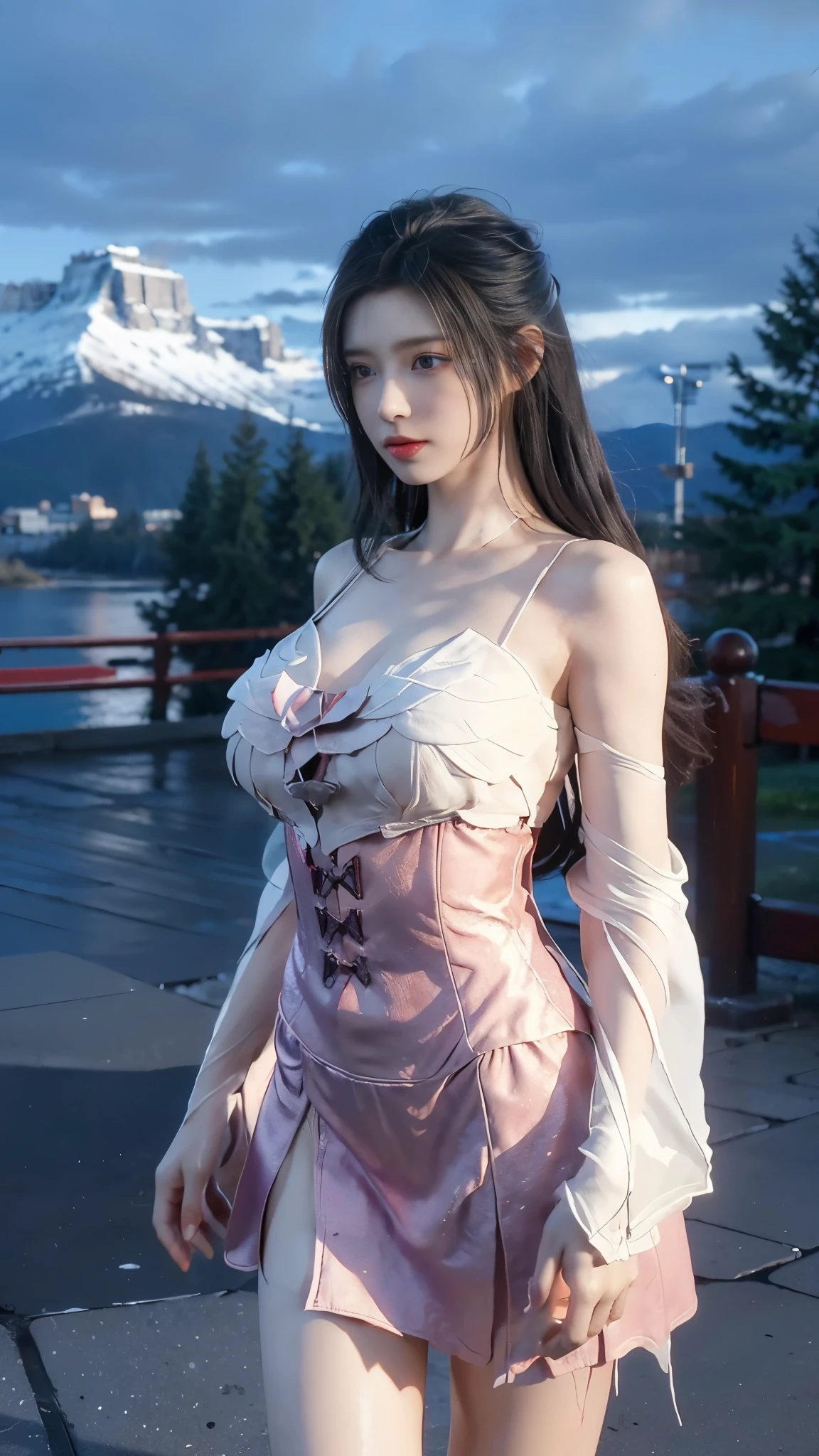 ((cowboy shot)), ((Short hemlines,  long legs)), ((Elegant and charming posture, random view shots)), realistic detailed photo of a giant breasted girl with exposed shoulders, detailed fingers, high quality skin, red eyes, alone in a winter scene with clouds, wind, and flowing hair, (best quality,4k,8k,highres,masterpiece:1.2),ultra-detailed,(realistic,photorealistic,photo-realistic:1.37),studio lighting,vivid colors