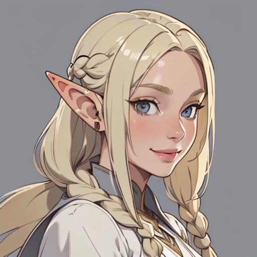 (masterpiece), (best quality),(portrait),(bust up),1girl,solo,(sharp focus),(look at viewer),(selfie),smile,elf,blonde hair,long braid,(elf girl) ,gray eyes, (ancient girl:1), ancient luxurious long clothes,old school fantasy art,((simple background)),super shiny skin,Ultra Glossy face,from front