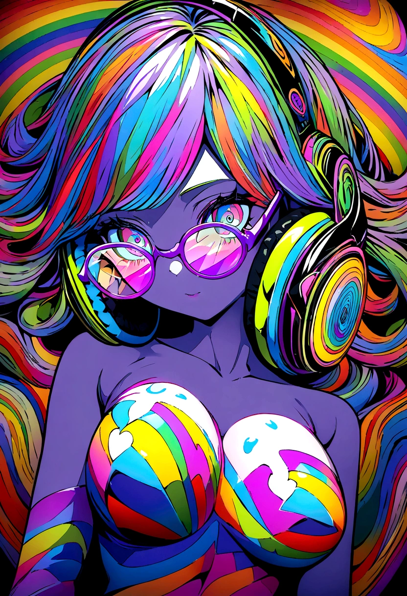 ((top-quality)), ((masterpiece)), (extremely detailed fine touch:1.3), psychedelic art, psychedelic girl, solo, psychedelic short hair, (((psychedelic under-rimmed glasses:1.3))), (psychedelic headphones:1.3), psychedelic eyes, psychedelic medium breasts, psychedelic bare arms, psychedelic skin,