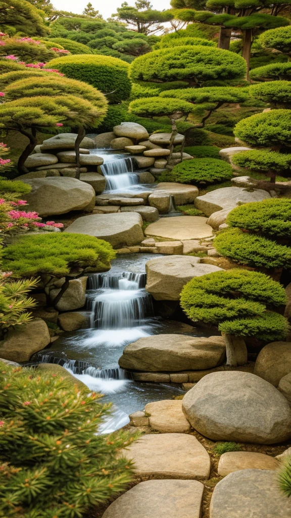 Dry landscape garden in a Japanese garden,Lantern,Tea Room,Small waterfall,Garden stones,Place a pine tree