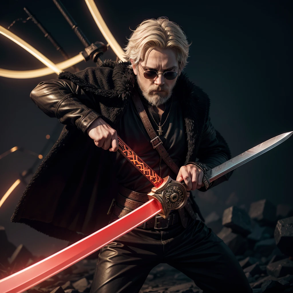 Odin, killing his worst enemy with a sword, dark shades, neon reds and golds