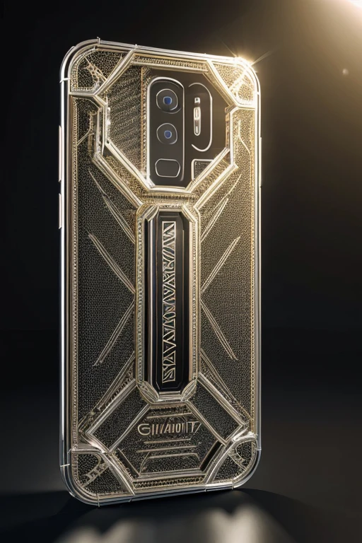 a giant luxury cellphone, highly detailed, hyper realistic, 8K, 3D model, photorealistic, perfectly lit, studio lighting, intricate details, glossy surface, metallic finish, elegant design, expensive looking, premium materials, glass screen, chrome accents, angular form, futuristic aesthetic, cinematic angles, dramatic lighting, reflective textures, clean composition, high-end technology