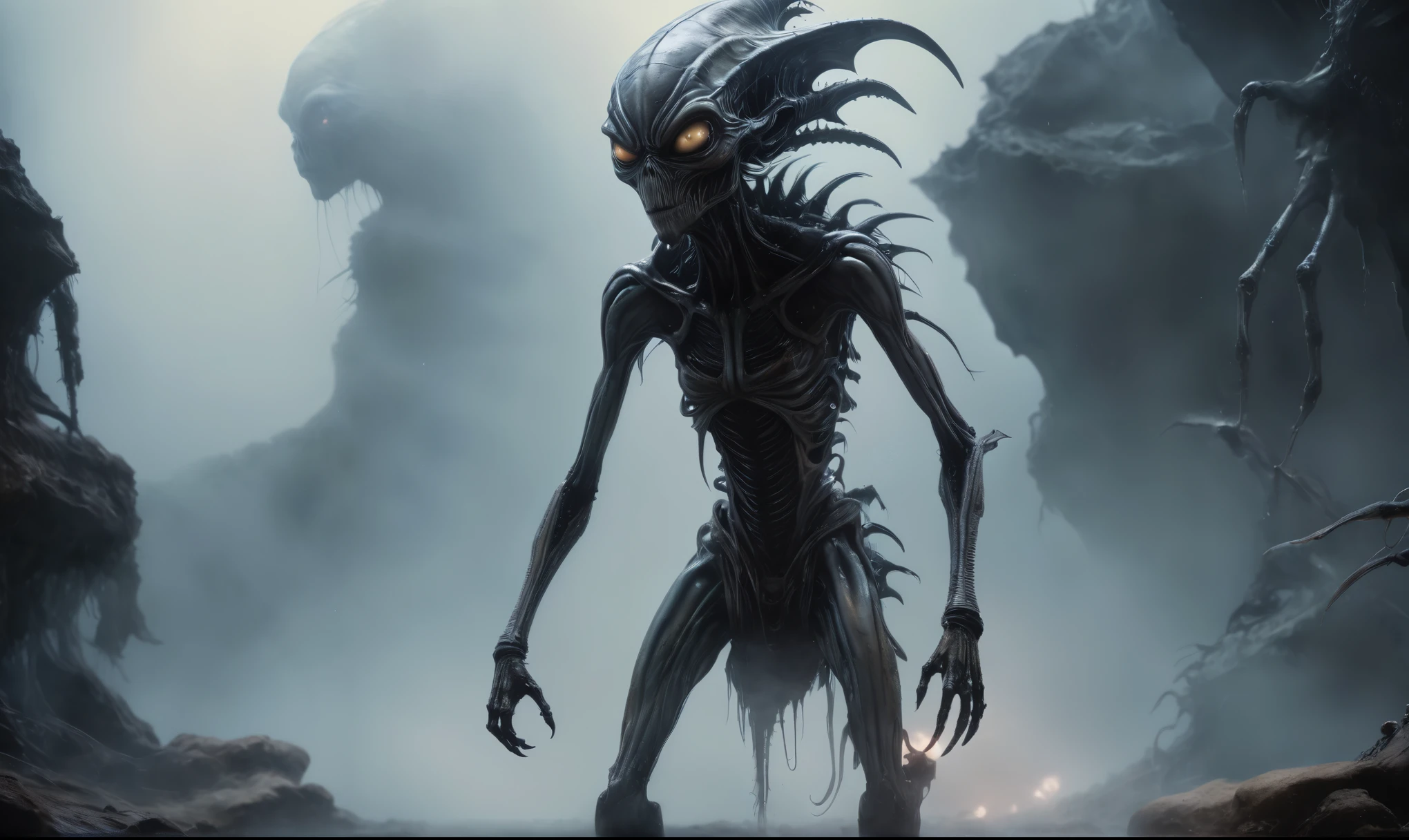 full body length,niobium goblin,native africa xenomorph,once pretty face,eyebrow up,full body shot,ominous landscape,niobium gray atmosphere,photo,photorealism,Masterpiece,hyper natural skin textures, hyper realism,hyper detailed,High contrast,Realism,Ultra Detailed,irina yermolova,close full body shot,32K resolution,Nikon Z9, ,demonic, fog, smoke, audience, mist, featuring ultra-realistic and hyper-realistic elements,
  Marta Bevacqua, Ellen Jewett, Kawacy, Katsuya Terada, Carne Griffiths,concert lighting,  bokeh,  luminal space that feels
 both bright and surreal. Includes liquid fluid elements for added depth and movement. Rendered in an unreal 
engine and post-processed to achieve . Evokes a sense of dreamy, ethereal 
and mystical mood,horror pixar movie still,thriller disney movie ,pixar render, animated ,suicide