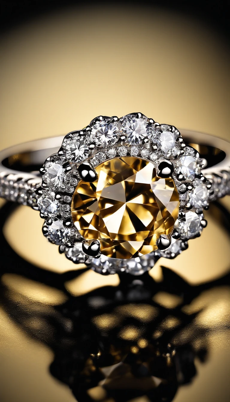 Winter theme, cold, freezing, (ring, Metallic texture, golden ring, shiny diamond, shiny gem, sparkling, diamond, diamond gem, engagement ring, beautifull ring, Details, reflexion, Focus:1.45), grid, bokeh, (Black background: 1.45),
