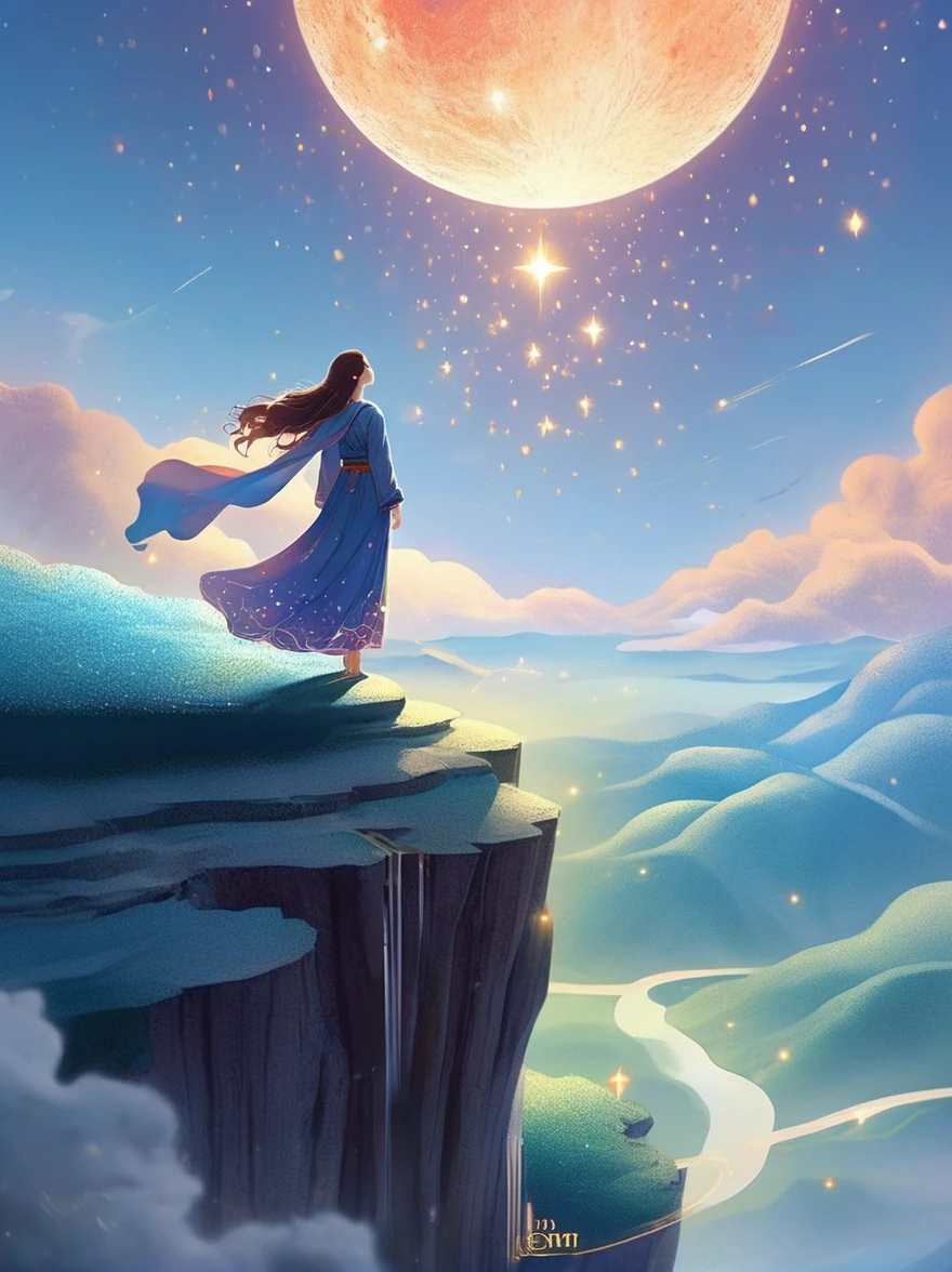 Cai GuoRUN's illustration style, 1girl, A woman in a long skirt stands on a cliff and looks up at the starry sky, Goddess of space, Milky Way Goddess, Goddess of Heaven, Astral Ethereal, dream, Beautiful celestial wizard, Beautiful fantasy painting, Beautiful fantasy art, Ethereal fantasy, Very Beautiful fantasy art, Digital Art Fantasy, enchanting and otherworldly, Fantasy Beauty, The beautiful art of Octane UHD 8k rendering, Volumetric Light, Natural soft light, (Ultra-delicate:1.2, Loss of focus:1.2, Colorful, Movie Lighting, Ray Tracing), Super rich, Ultra Detailed, 1cgrssh1, Chiaroscuro, masterpiece, 8k