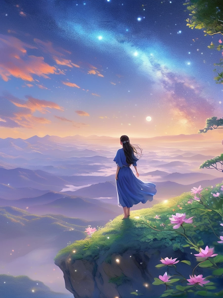 Cai GuoRUN's illustration style, 1girl, A woman in a long skirt stands on a cliff and looks up at the starry sky, Goddess of space, Milky Way Goddess, Goddess of Heaven, Astral Ethereal, dream, Beautiful celestial wizard, Beautiful fantasy painting, Beautiful fantasy art, Ethereal fantasy, Very Beautiful fantasy art, Digital Art Fantasy, enchanting and otherworldly, Fantasy Beauty, The beautiful art of Octane UHD 8k rendering, Volumetric Light, Natural soft light, (Ultra-delicate:1.2, Loss of focus:1.2, Colorful, Movie Lighting, Ray Tracing), Super rich, Ultra Detailed, 1cgrssh1, Chiaroscuro, masterpiece, 8k