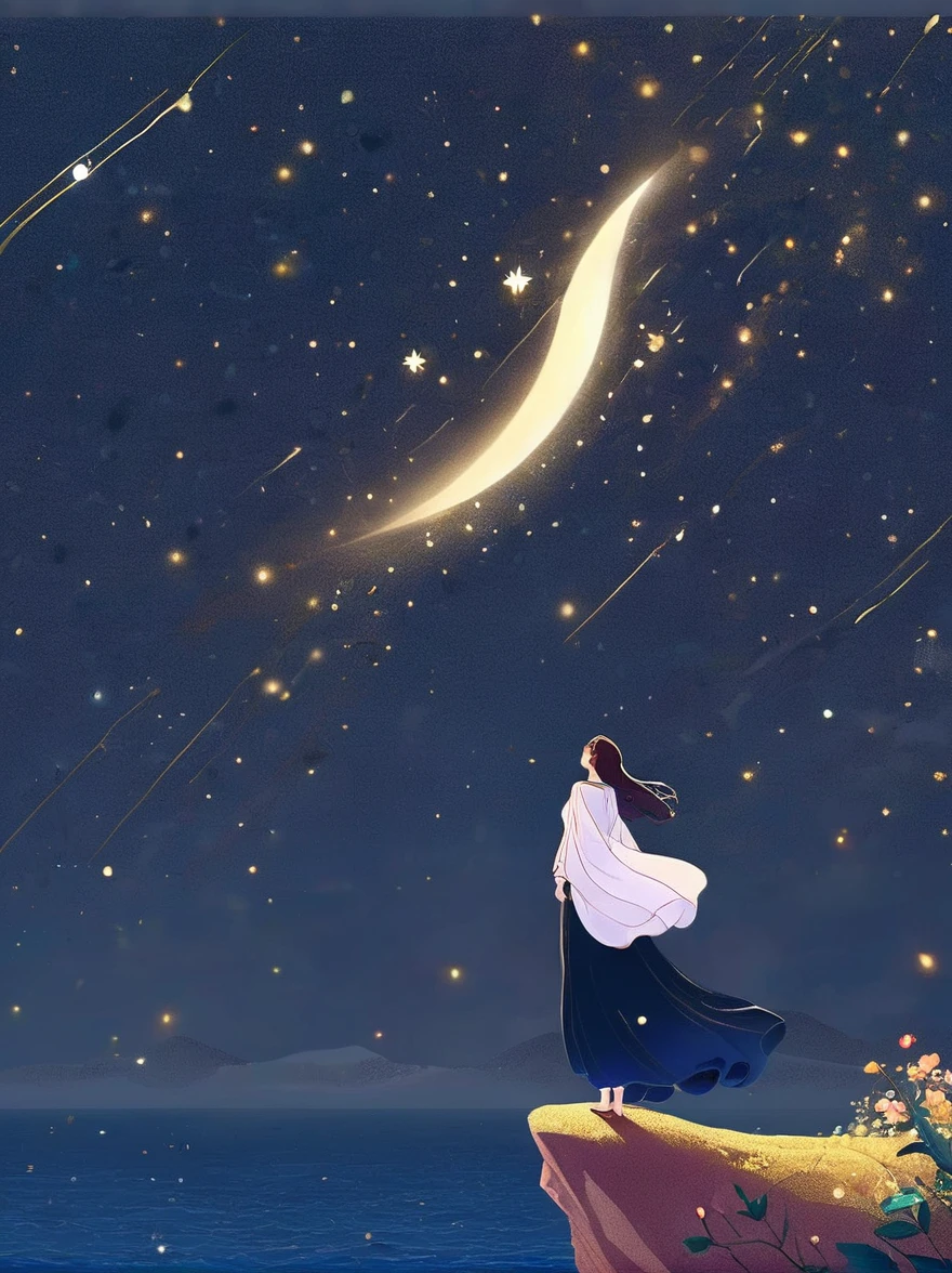 Cai GuoRUN's illustration style, 1girl, A woman in a long skirt stands on a cliff and looks up at the starry sky, Goddess of space, Milky Way Goddess, Goddess of Heaven, Astral Ethereal, dream, Beautiful celestial wizard, Beautiful fantasy painting, Beautiful fantasy art, Ethereal fantasy, Very Beautiful fantasy art, Digital Art Fantasy, enchanting and otherworldly, Fantasy Beauty, The beautiful art of Octane UHD 8k rendering, Volumetric Light, Natural soft light, (Ultra-delicate:1.2, Loss of focus:1.2, Colorful, Movie Lighting, Ray Tracing), Super rich, Ultra Detailed, 1cgrssh1, Chiaroscuro, masterpiece, 8k