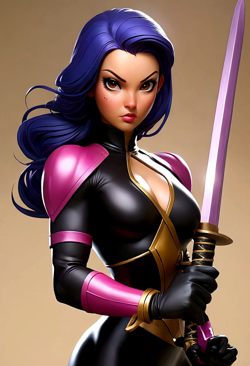 Arafed woman dressed in latex holding a sword and a sword., psychopath, PSYLOCKE de los x men, PSYLOCKE de los x men, young ninja gaiden portrait, retrato seductor de PSYLOCKE, samira from league of legends, PSYLOCKE de los xmem, PSYLOCKE, cosplay, heroine, PSYLOCKE, black and gold latex bondage suit