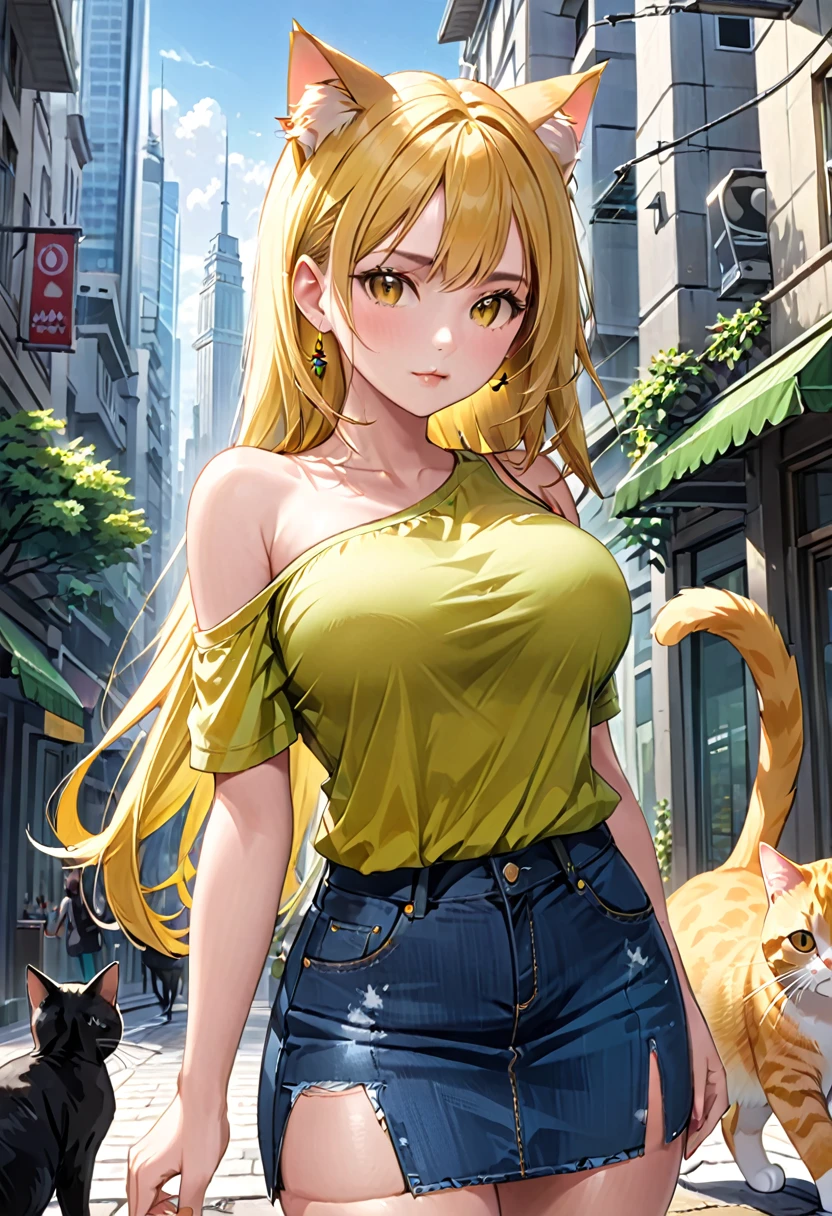 (( straight face picture )) ((best quality)),  ((Masterpiece)), (details), Young woman ,cat ears ,yellow hair , according to green  ,Yellow shirt with open shoulders , jeans skirt , has a tail, big breasts, ,city
