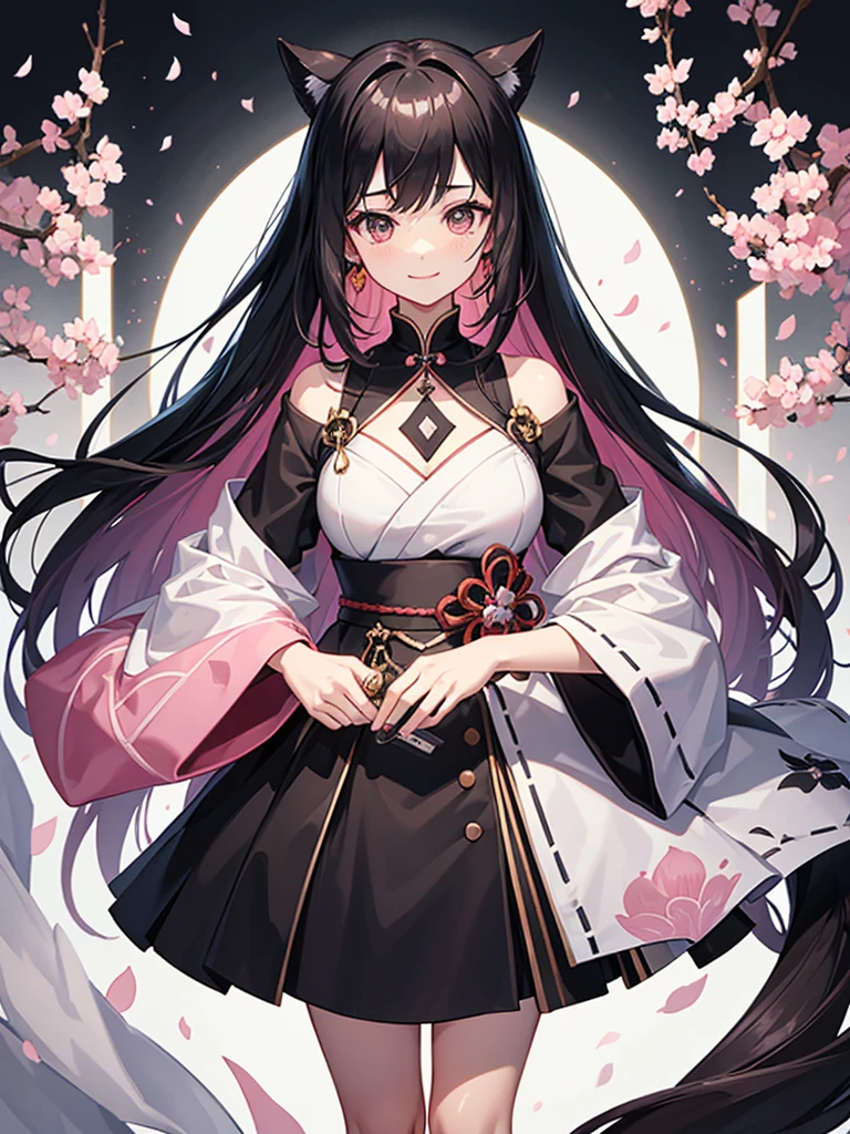 best quality, character design sheet, adult woman、No hat on, Black and pink hair, whole body, Head to Toe, Fortuneteller、Standing facing forward, Beautiful black dress, long Black Hair, Pure white background, from front, best quality, Cherry blossom pattern、Japanese、Adult Japanese、Clear eyes、Standing facing forward、The face is facing forward、holding a magic card in hand、White background、Smiling face、Black western dress、Neutral face、Black hair with pink inner color