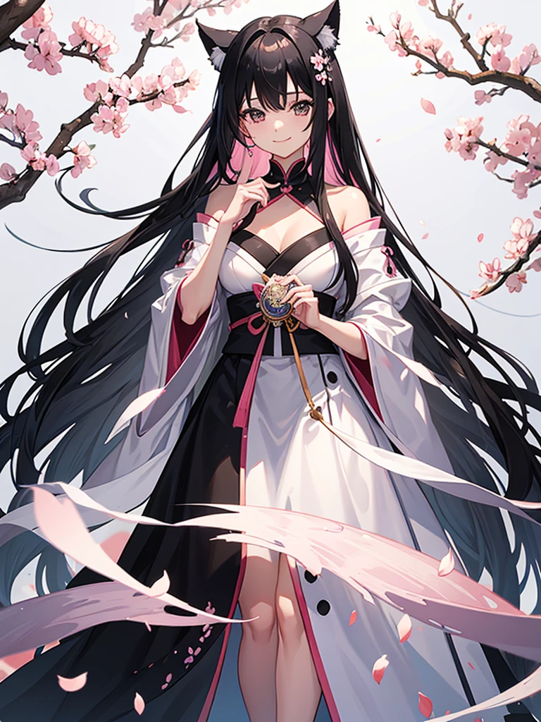 best quality, character design sheet, adult woman、No hat on, Black and pink hair, whole body, Head to Toe, Fortuneteller、Standing facing forward, Beautiful black dress, long Black Hair, Pure white background, from front, best quality, Cherry blossom pattern、Japanese、Adult Japanese、Clear eyes、Standing facing forward、The face is facing forward、holding a magic card in hand、White background、Smiling face、Black western dress、Neutral face、Black hair with pink inner color