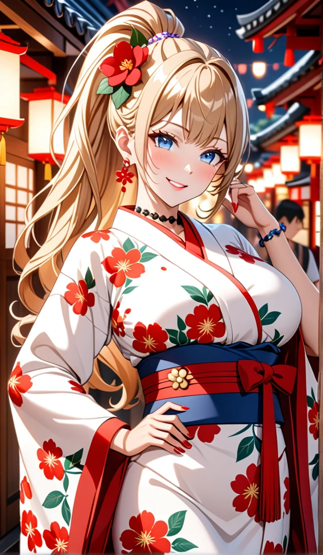 ultra-detailed, ((one girl)), hyper detailed, absurdres, 8K, Beautiful Face, (Laugh shyly), ((teasing smile:1.8)), ((Wink:2.0)), (Laugh with your mouth wide open),(Tilt your head:1.3),  View your viewers, ((Bright red cheeks:1.6)),Glossy Red Lips, ((Big Breasts:1.5)) night, Shrine festival stalls, (Brighten your face), ((Anime style background)),masterpiece, Highest quality, so beautiful,Latest, Complex details, (Pink long nails), (nail art), (ring),(bracelet), (Floral Choker),AI-generated, Complex,High resolution, Highest quality, super high quality,3D Images、3D Images,One person,Blonde long hair,(High Ponytail), (Wavy Hair), Anime woman posing for a photo, ((Fine grain、blue eyes、glistening eyes:1.5)), (Squint your eyes:1.1),a hyperRealistic , hyperRealistic , Realistic,Long blonde anime woman, Smooth anime CG art, Pink large floral patternの刺繍が入った、A girl in a gorgeous kimono, ((White long-sleeved kimono)),(Pink large floral pattern) ,Long flower hair ornament,Floral Earrings,Mature Body, tall,Abdominal muscles,Tight waist,((Zoom in on face:2.1)), (front view),