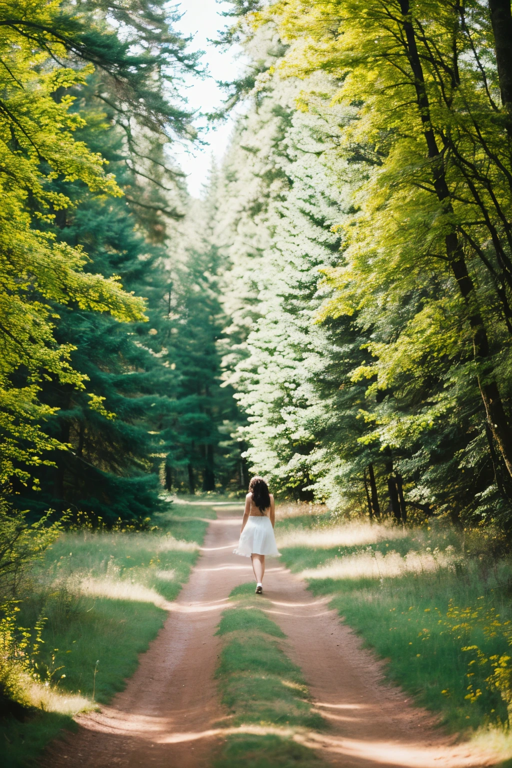 With the same girl, create an image where she is walking in a forest with flowers