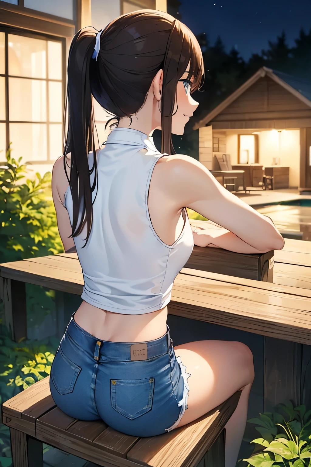 ((best quality)), ((masterpiece)), ((detailed)), (((perfect face))), (((slender 18yo teenage girl))), (((((tight sleeveless white shirt))))), ((((skin-tight shirt)))), (((midriff))), (((bare arms))), (((bare shoulders))), ((((cut off denim shorts)))), ((dark brown hair)), ((short ponytail)), (((blue eyes))), ((smiling)), (((sitting on seat))), ((((suburban backyard, night time)))), ((((detailed background)))), (((slender thighs))), (((looking back over shoulder))), (((view from behind)))