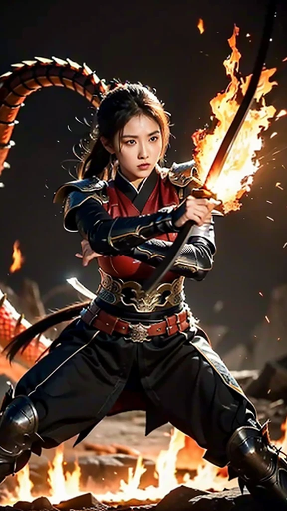 women With strong armor.
holding a long, drawn katana.
a huge dragon is seen spewing fierce flames.
dramatic background of fantasy warfare, dim light, flaming fire effect.