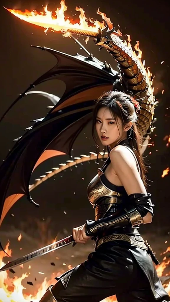 women With strong armor.
holding a long, drawn katana.
a huge dragon is seen spewing fierce flames.
dramatic background of fantasy warfare, dim light, flaming fire effect.