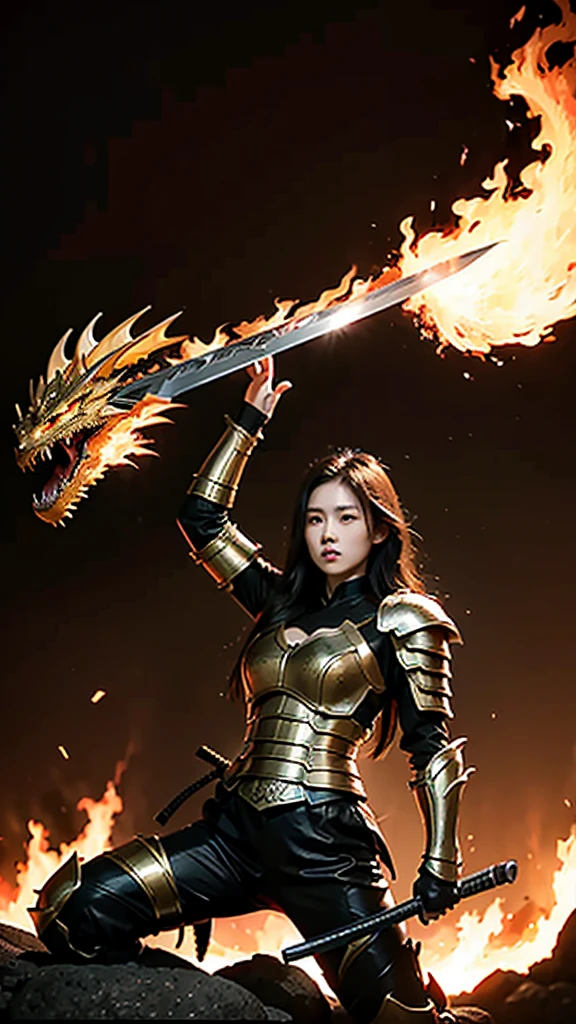 women With strong armor.
holding a long, drawn katana.
a huge dragon is seen spewing flames.
dramatic background of fantasy warfare, dim light, flaming fire effect.