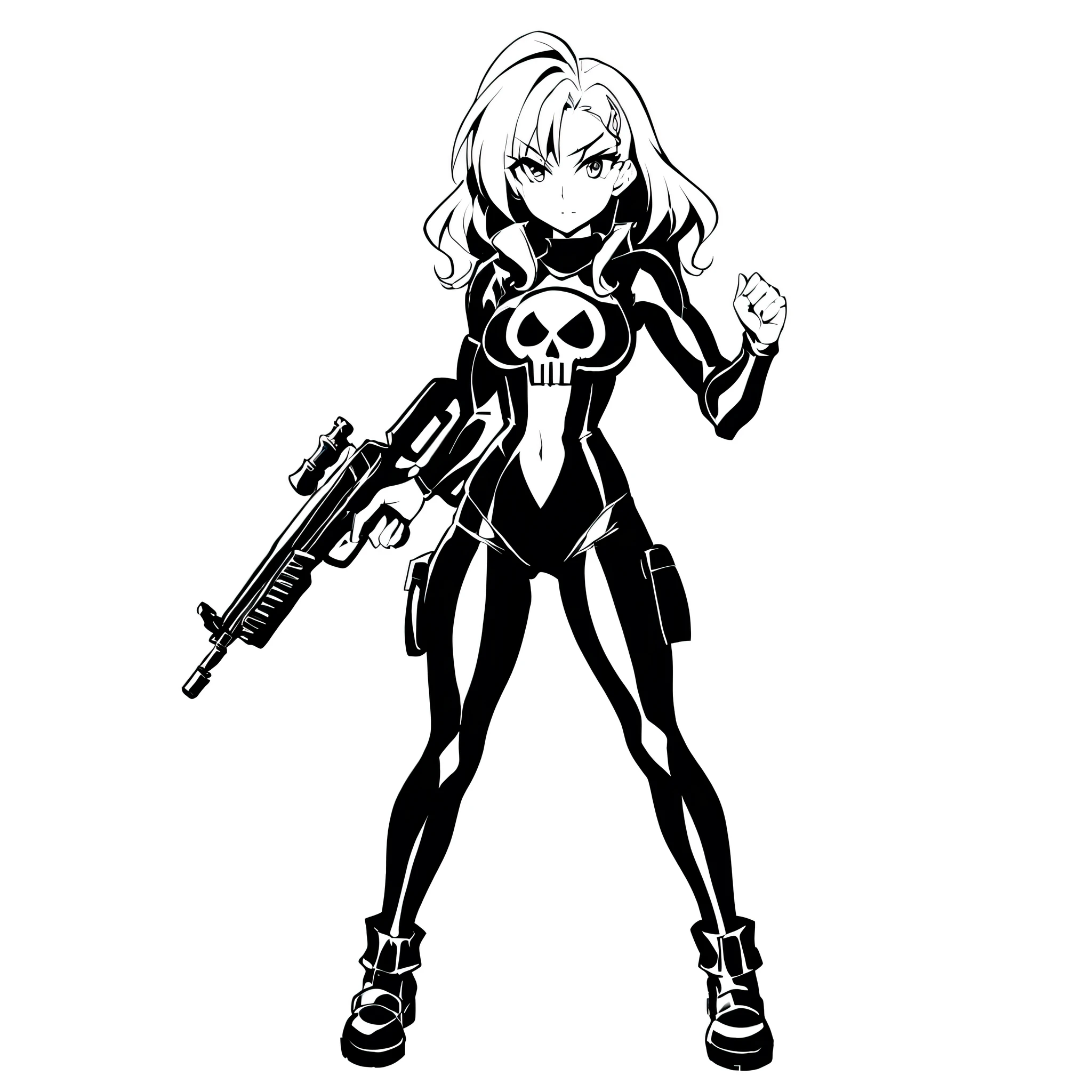 anime artwork of a young sexy punisher woman in a black punisher shirt holding one gun anime manga girl style, entire body in shot, full body shot, anime style, key visual, line art, coloring page, black and white, white background, thick ink lines, studio anime, highly detailed