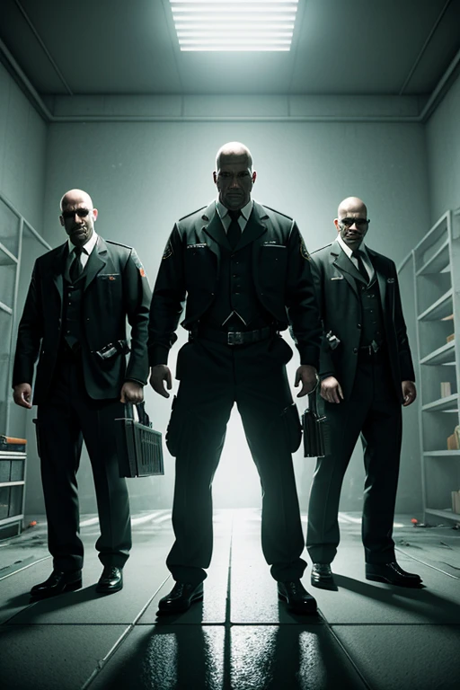 Three men in prison uniforms stand in a dimly lit room., cinematographic cg society, payday 2, cgsociety 9, detailed film photography, Arkham, by Richard Kane Ferguson, photorealistic dark concept art, realistic riot entertainment, hyperrealistic fantasy art, prison scene, promotional images, prison background, ciudad de Arkham, CG game, cinematic keyframe, Promotional image  