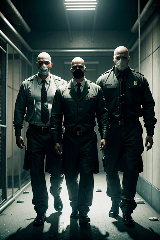 Three men in prison uniforms stand in a dimly lit room., cinematographic cg society, payday 2, cgsociety 9, detailed film photography, Arkham, by Richard Kane Ferguson, photorealistic dark concept art, realistic riot entertainment, hyperrealistic fantasy art, prison scene, promotional images, prison background, ciudad de Arkham, CG game, cinematic keyframe, Promotional image