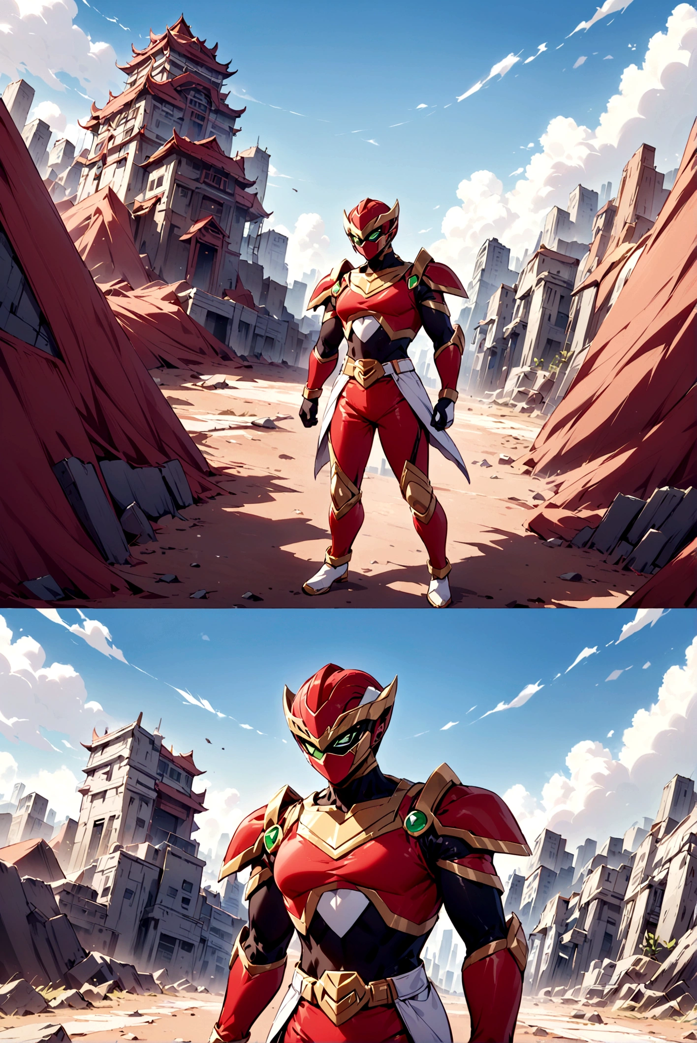 A character could be created with a design similar to the red Power Ranger with a devastated city behind