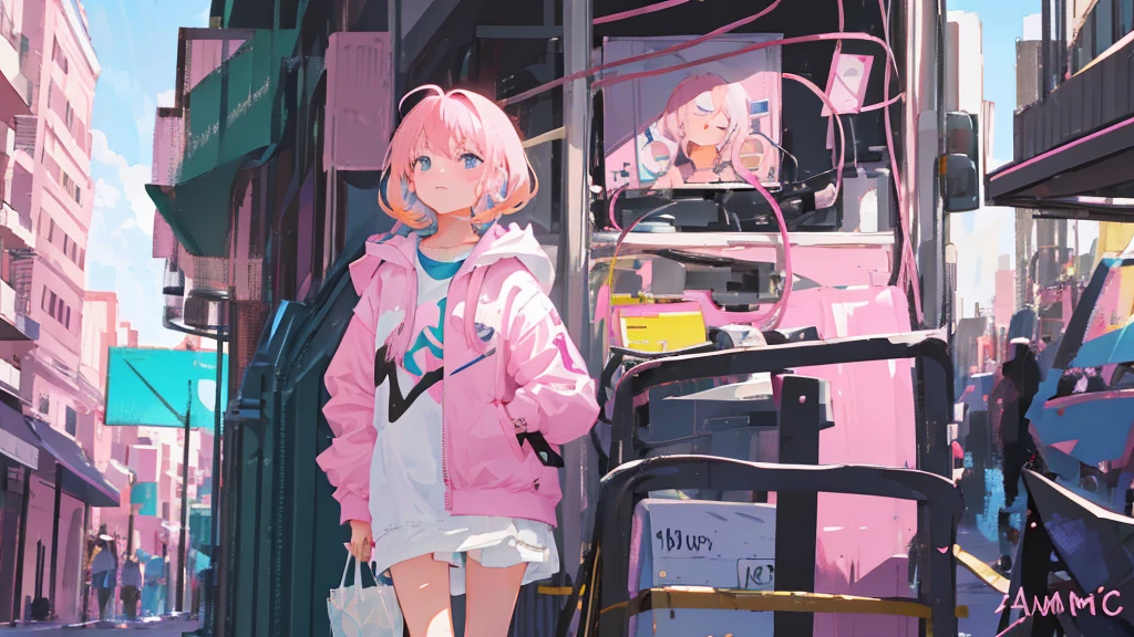 pink hair, Woman, algebraic symbols, technology around, fly away, embarrassed face