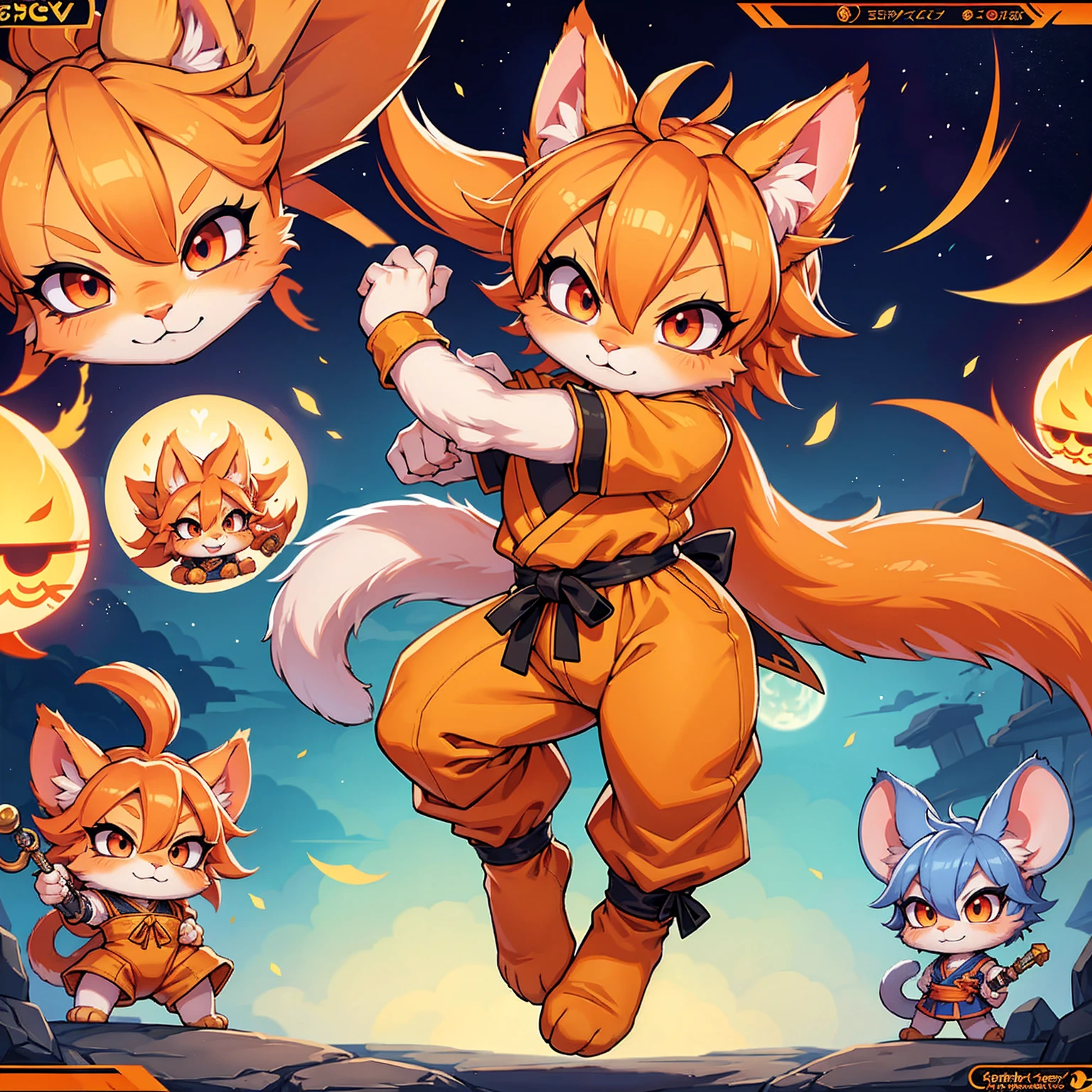 a cat warrior character, cat ears, furry, (full body:1.2) , chibi, advanced digital chibi art, g liulian art style, maplestory mouse, bian lian, chibi art, league of legends art style, character art of maple story, ((view at the viewer)), (((son goku costume))), poster social