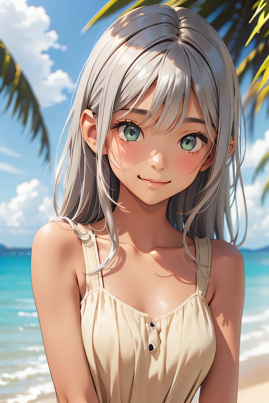 highest quality、Realistic、girl、Silver Hair、Dark green eyes、Long Hair、Lemon Yellow Dress、Tanned dark skin、Tan Skin、Brown black skin、Chubby body、smile、Ocean、Bust Shot